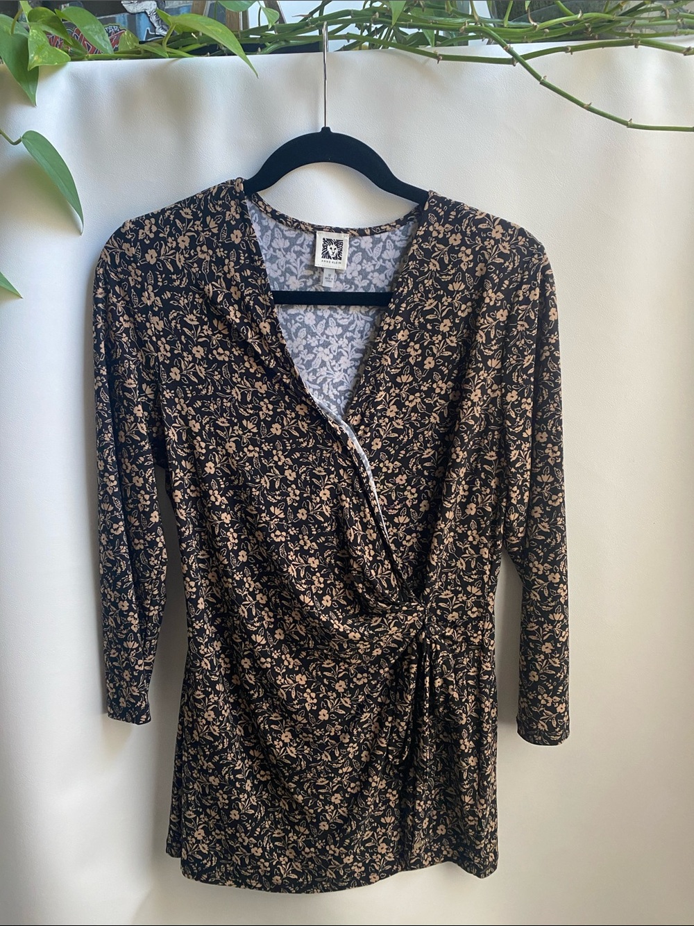 Anne Klein Black and Beige Floral Wrap-Style Top